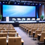 Auditorio Cartuja preparado para un congreso profesional en Sevilla con butacas escalonadas y escenario iluminado